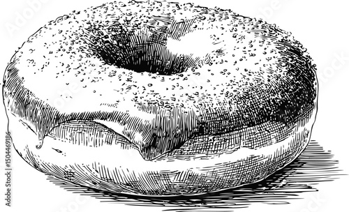 Hand-drawn glazed donut with sprinkles in black and white illustration. Vector illustration