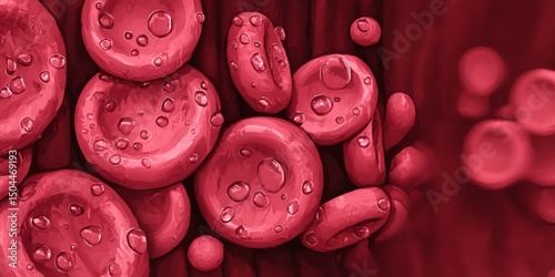 Close-up View of Red Blood Cells Flowing in Capillary Stream with Water Droplets