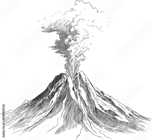 Erupting volcano sketch with smoke plume in black and white ink art illustration. Vector illustration