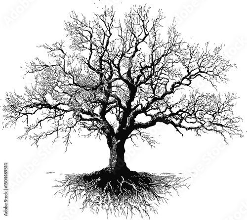 Detailed black silhouette of a leafless oak tree with visible roots in vector art. Vector illustration