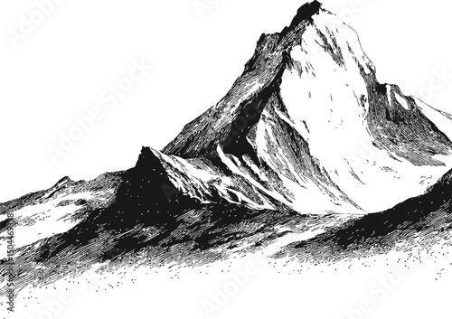 Black and white sketch of a majestic mountain peak with detailed shading. Vector illustration