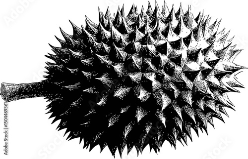 Detailed black and white sketch of spiky durian fruit, intricate line art. Vector illustration