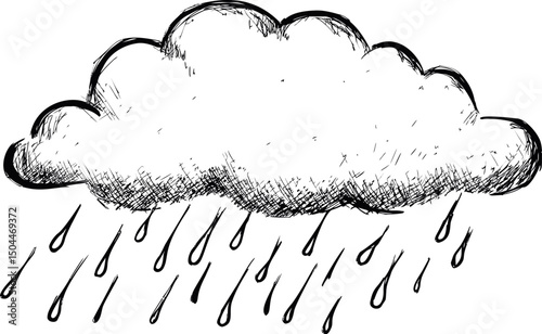 Sketch of a single dark cloud with heavy rain in monochrome style. Vector illustration