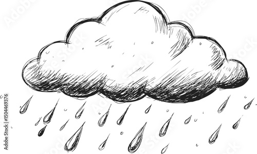 Sketch of large rain cloud with falling raindrops, hand-drawn weather illustration. Vector illustration