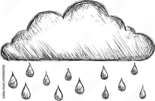 Hand-drawn black and white cloud sketch with raindrops conveying mood. Vector illustration