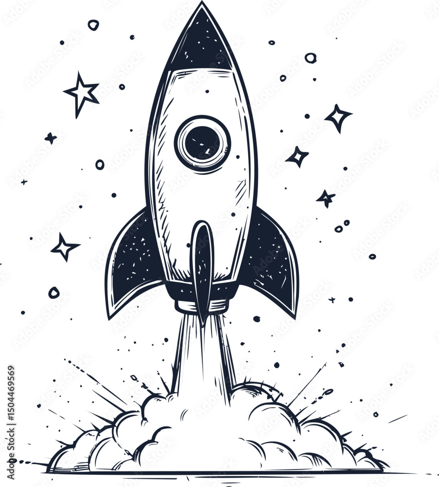 Monochrome illustration of a rocket launching with stars around, concept of space travel. Vector illustration