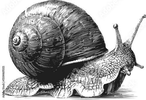 Intricate black and white sketch of a snail with detailed shell pattern. Vector illustration