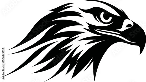 Black and white graphic of an eagle head with fierce eyes,. Vector illustration