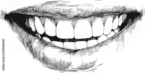 Black and white sketch of a smiling mouth with visible teeth, abstract art. Vector illustration
