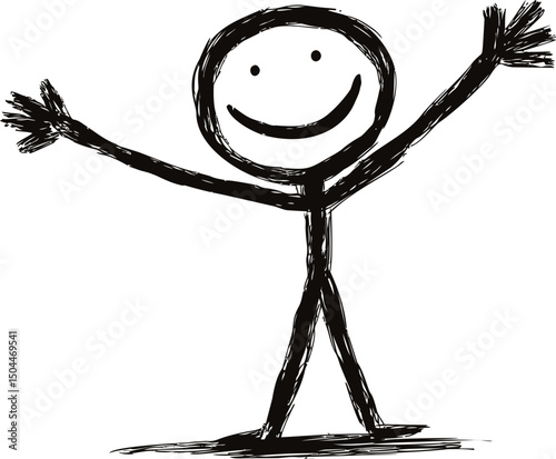 Happy stick figure with outstretched arms in black and white sketch. Vector illustration