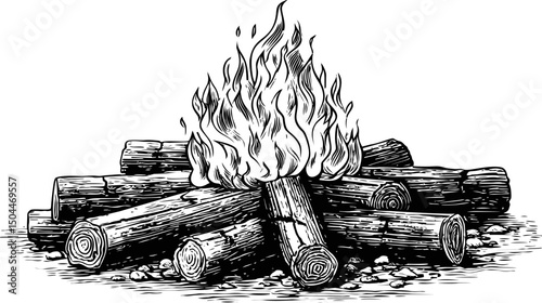 Detailed black and white drawing of a campfire with burning logs. Vector illustration