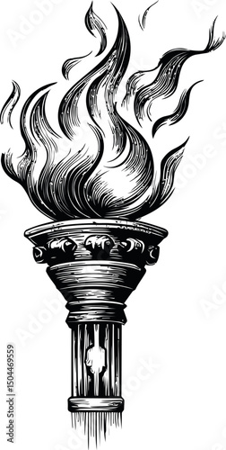 Black and white illustration of a flaming torch with artistic flames. Vector illustration