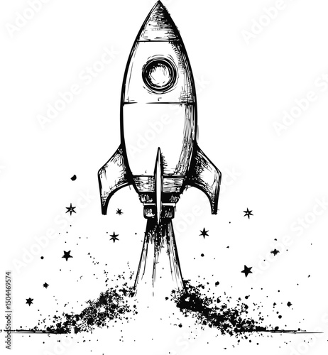Sketch of a retro rocket launching with stars and grunge elements in black and white. Vector illustration