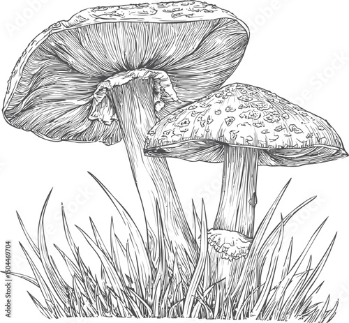 Detailed black and white illustration of mushrooms among grass, botanical art. Vector illustration