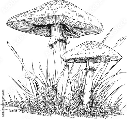 Illustration of large mushrooms growing among grass with intricate detail. Vector illustration
