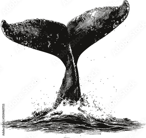Whale tail in ocean water with detailed black and white illustration. Vector illustration