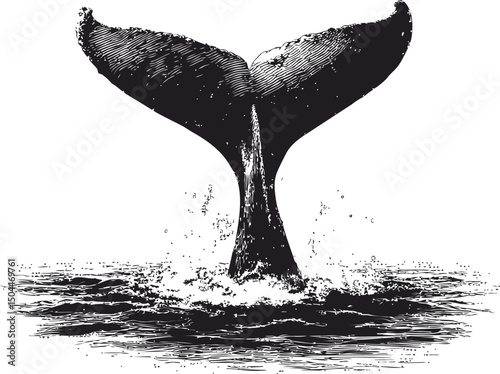 Whale tail splashing in ocean black and white art illustration. Vector illustration