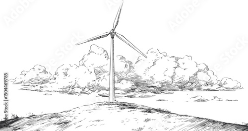 Wind turbine on a hilltop with detailed clouds in black and white sketch. Vector illustration