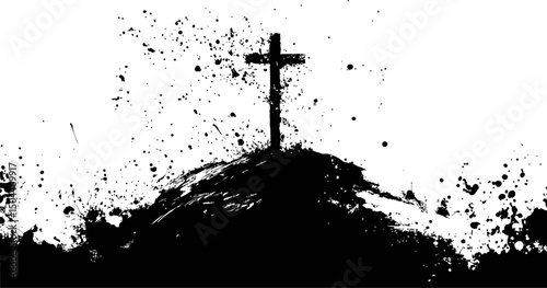 Cross on a hill with black ink splatter against, conceptual art. Vector illustration