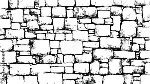 Hand-drawn black and white stone wall pattern with irregular shapes. Vector illustration