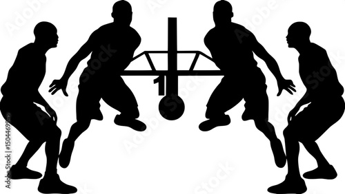"Bold graphic scene of basketball silhouettes against a pure white background. Players in varied dynamic poses are arranged symmetrically around a hoop, with a ball resting at the bottom. One player's