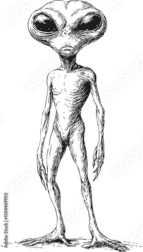 Alien creature with large eyes in black and white sketch, science fiction illustration. Vector illustration