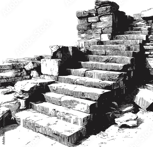 Ancient stone staircase in ruins depicted in black and white drawing. Vector illustration