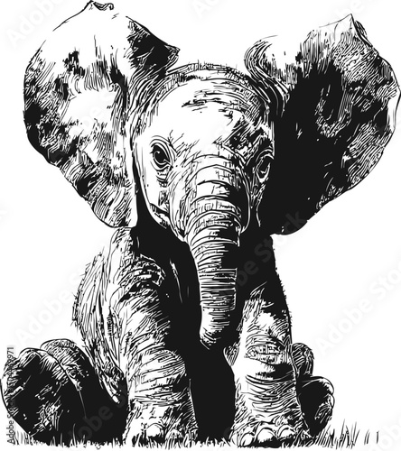 Black and white sketch of a cute baby elephant sitting on the ground. Vector illustration
