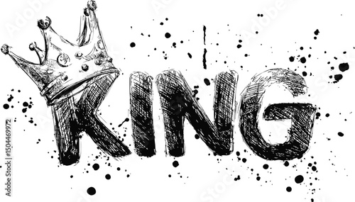 Artistic black ink crown with the word king in bold letters, graffiti style. Vector illustration