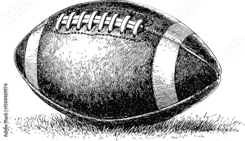 Vintage illustration of american football on grass, detailed black and white art. Vector illustration