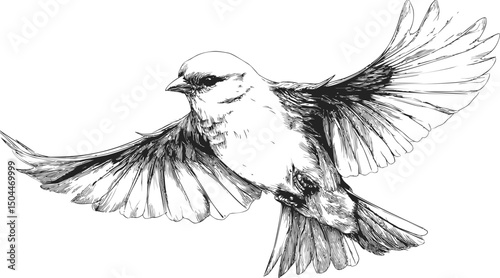 Illustration of a bird in flight with outstretched wings in black and white sketch. Vector illustration