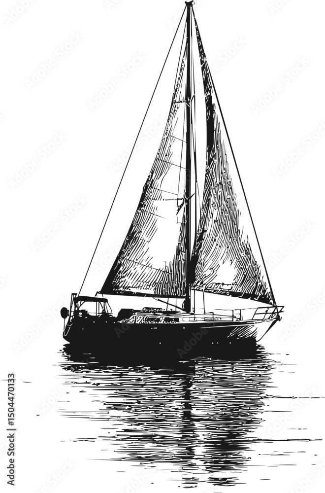 Fototapeta premium Sketch of a sailing yacht with detailed lines on calm waters. Vector illustration