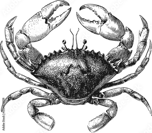 Black and white detailed illustration of a crab with claws raised. Vector illustration