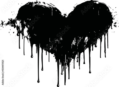 Black ink heart with dripping splatters, abstract art. Vector illustration