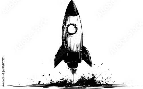 Illustration of a black and white rocket launching with a grunge effect, sketch style. Vector illustration