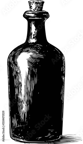 Detailed black and white illustration of a vintage glass bottle. Vector illustration