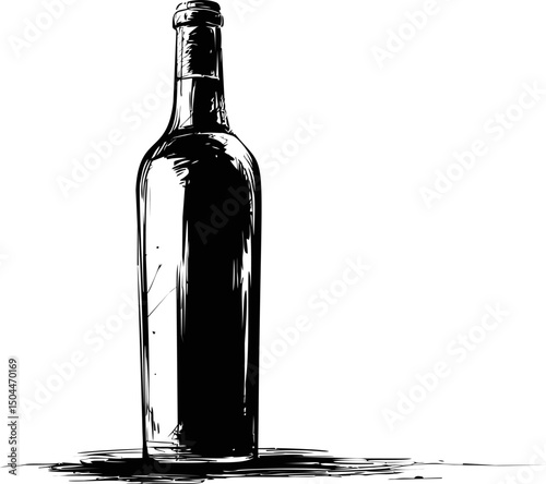 Illustration of a detailed wine bottle in black and white sketch style. Vector illustration
