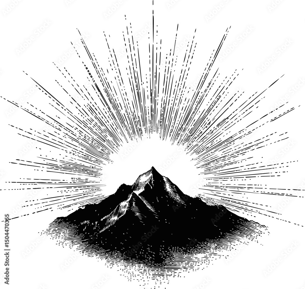 Obraz premium Mountain with sunburst in vintage style, black and white illustration design. Vector illustration