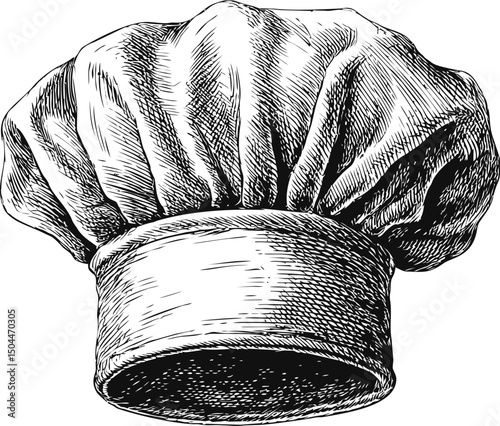 Black and white illustration of a classic chef hat, sketch style drawing. Vector illustration
