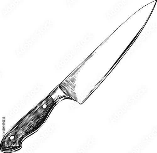 Illustration of a detailed chef's knife with wood handle, black and white drawing. Vector illustration