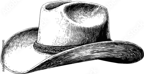 Black and white cowboy hat illustration with detailed texture. Vector illustration