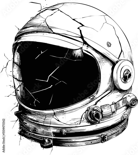 Black and white illustration of cracked astronaut helmet with intricate details. Vector illustration