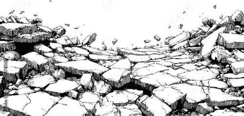 Cracked and fragmented black and white ground with floating debris, digital art. Vector illustration