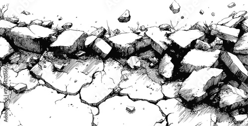 Cracked ground with scattered debris and stones in monochrome ink drawing. Vector illustration
