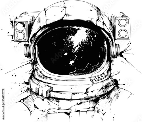 Black and white sketch of an astronaut helmet with ink splatters. Vector illustration