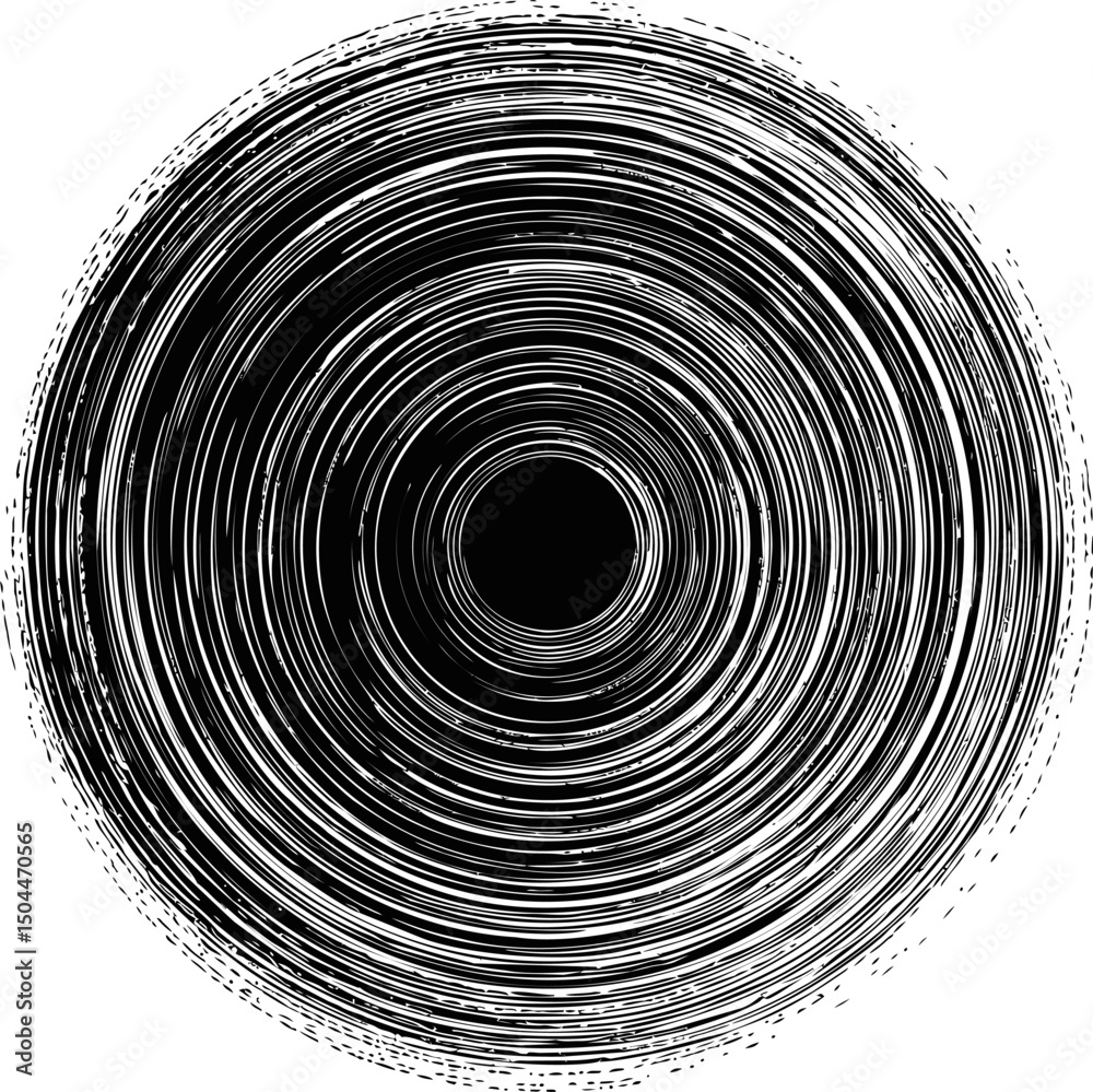 Black and white abstract concentric circles with a vortex effect. Vector illustration
