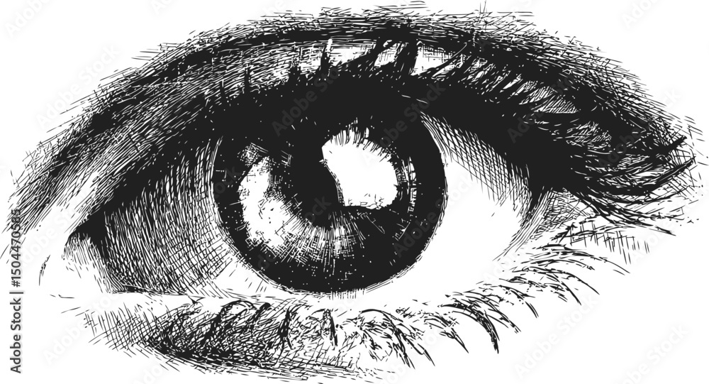Obraz premium Black and white sketch of a detailed human eye with intricate shading. Vector illustration