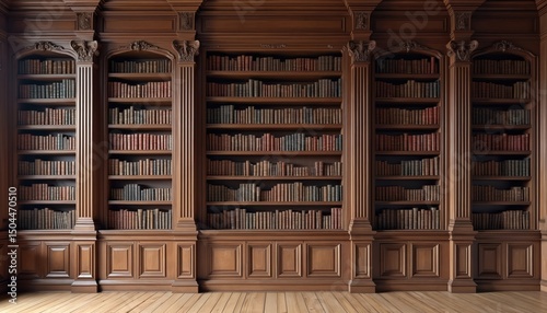 Old wooden bookshelf with numerous books in a room. Bookshelves on wooden wall in historical library. Classic interior in vintage style. Study room design, literature, knowledge.
