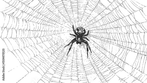 Black spider centered on intricate web in detailed monochrome sketch, wildlife art. Vector illustration