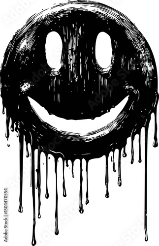 Dripping black smiley face with melting paint effect and abstract design. Vector illustration